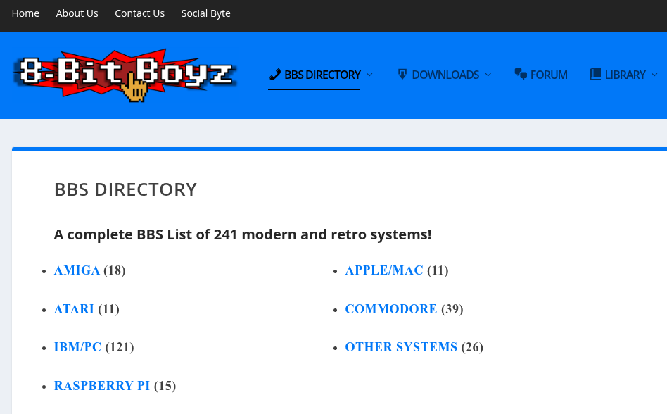 Список BBS от 8-Bit Boyz, разделы по типу железа, на котором работает BBS